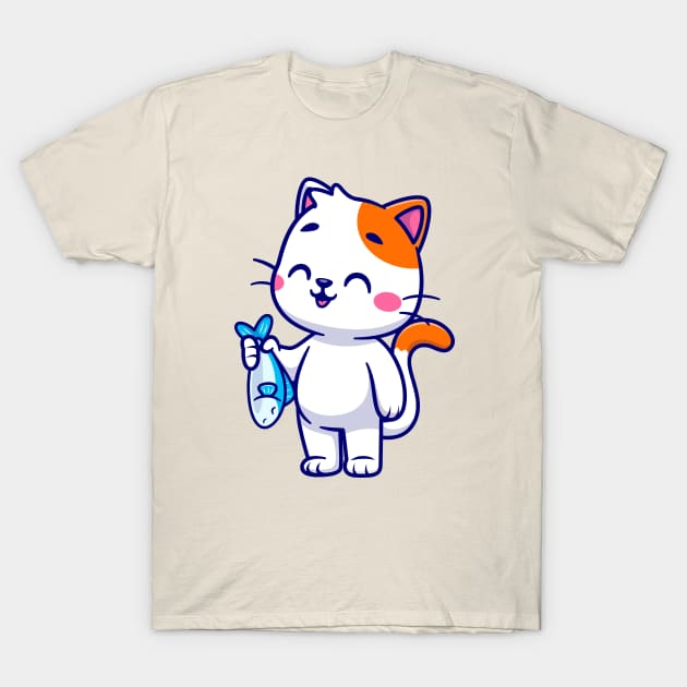 Cute Cat Holding Fish Cartoon T-Shirt by Catalyst Labs